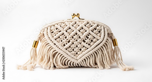 Macrame clutch bag with fringe detail isolated on white background