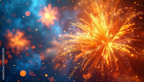Abstract orange fireworks sparkle explosion against a rich blue bokeh background.