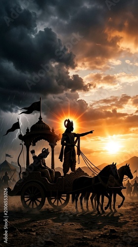 Bhagavad Gita Wisdom Scene with Intense Battlefield Background