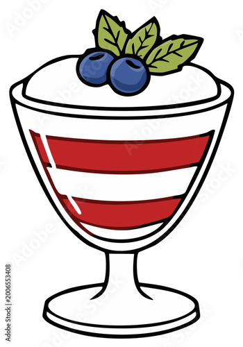 Layered Red and White Dessert in Glass Bowl with Berries and Mint Leaves