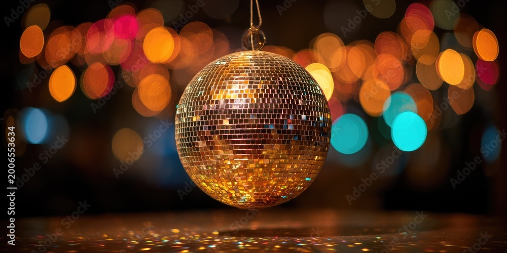 Obraz premium Disco ball glitters, suspended against a bokeh backdrop of colorful party lights