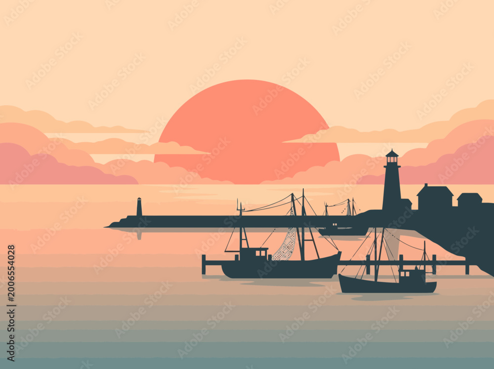 Obraz premium Sunset Scene of Boats Docked Near a Lighthouse on a Calm Sea