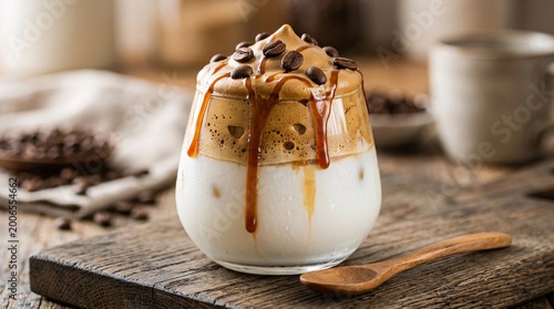Refreshing iced beverage in a glass tumbler features cold white milk layered with thick whipped Dalgona coffee foam and a caramel drizzle.