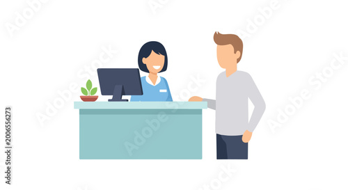 A man talks to a female receptionist at a light blue front desk equipped with a computer and a small plant in a professional setting.