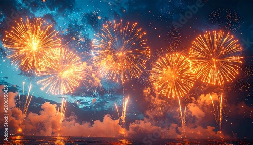 Various fiery orange fireworks exploded at different depths, in the dark blue sky.