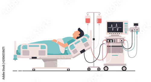 This flat vector illustration depicts a male patient lying in a hospital bed connected to a life support monitor and an intravenous drip system.