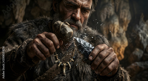 Prehistoric craftsman knapping a stone arrowhead