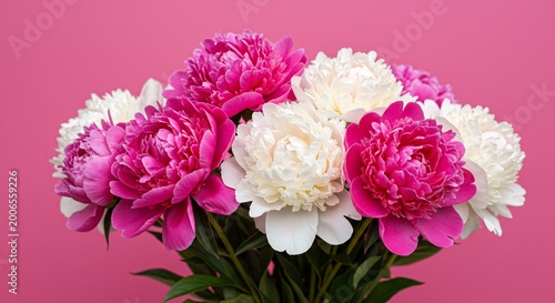 Vibrant bouquet of pink and white peonies on pink background