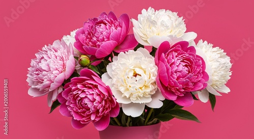 Vibrant pink and white peonies in a matching pink pot on pink background