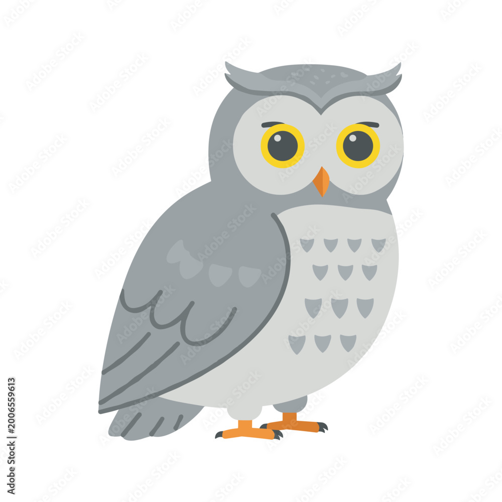 Obraz premium Gray owl illustration with large yellow eyes and detailed feathers, shown perched on isolated background in flat vector style, ideal for wildlife and educational designs
