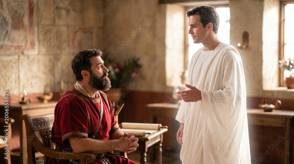 Obraz premium Centurion Cornelius watching angel in white robe appearing in vision. Biblical scene from Acts of the Apostles showing divine encounter and spiritual revelation. Ancient holy miracle.