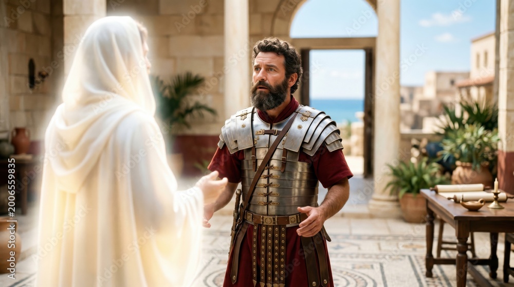 Obraz premium Centurion Cornelius encounters an angel in a vision. Biblical scene from Acts of the Apostles showing a glowing divine messenger revealing God message to a Roman soldier in Caesarea.