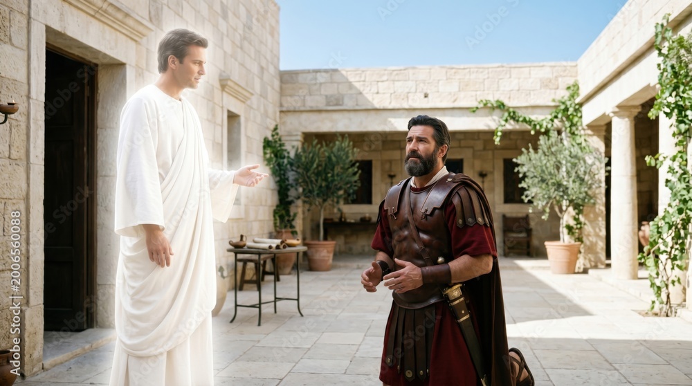 Fototapeta premium Angel appearing to Cornelius the centurion in a vision. Biblical scene from Acts of the Apostles. Man in Roman soldier armor kneeling before glowing heavenly messenger in ancient court.