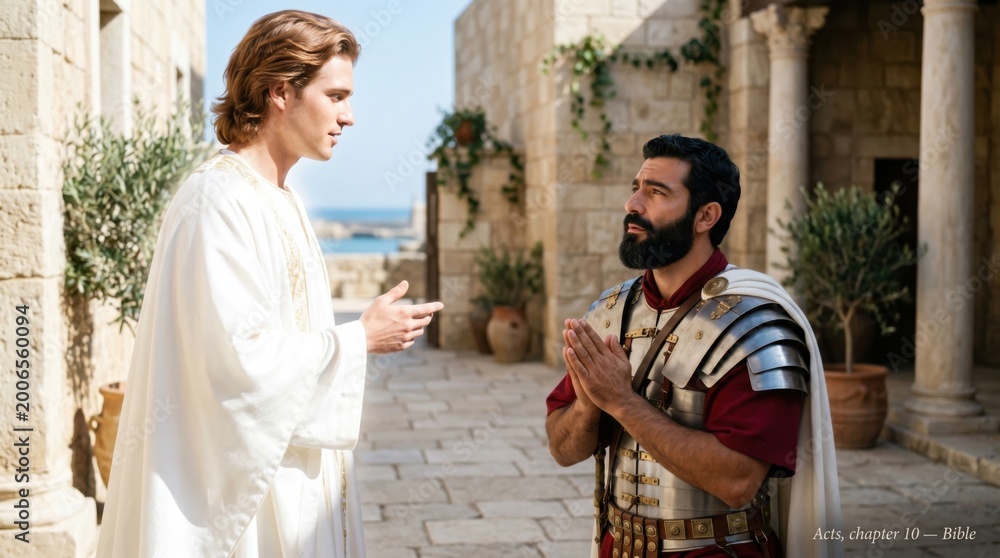 Obraz premium Angel visiting Cornelius the centurion. Bible miracle scene from Acts 10. Religious encounter between divine messenger and Roman soldier. Christian spiritual event in ancient courtyard.