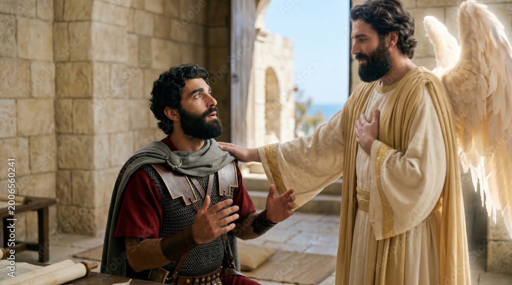 Fototapeta premium Cornelius the centurion meets an angel of God in a divine vision. Biblical scene from the Acts of the Apostles. Man in Roman military uniform talking to a heavenly spirit, religious story.