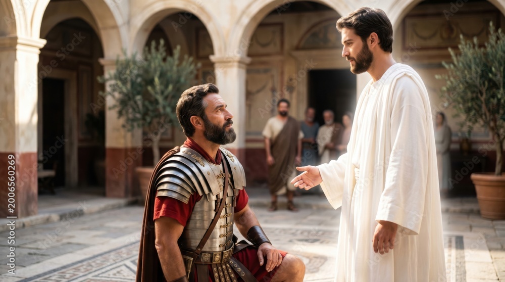 Naklejka premium Roman centurion kneeling before an angel in a white robe. Biblical scene based on the Acts of the Apostles showing a man in armor meeting a divine messenger for a holy vision.