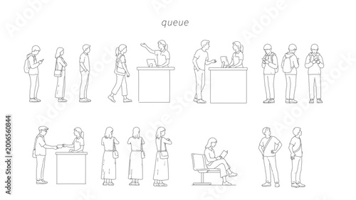 Tableau sur toile Minimal CAD customer service drawings set with people queueing, interacting at c