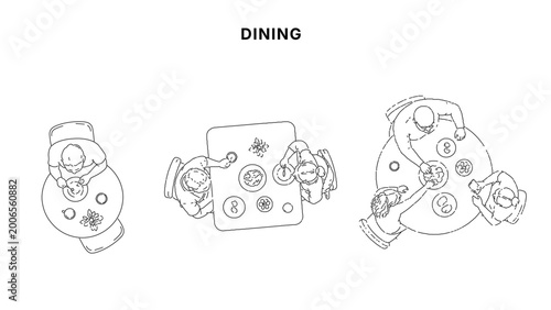Bild auf Leinwand Minimal CAD dining top view drawings set with people eating at tables, overhead