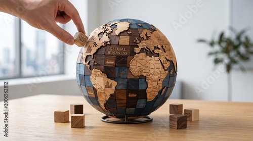 Puzzle-style wooden cubes assembling into a globe shape, symbolizing global business. Soft light, clean background, 3D realistic composition..