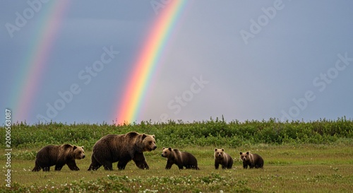 Family of brown grizzly bears walking under a vibrant rainbow in a field