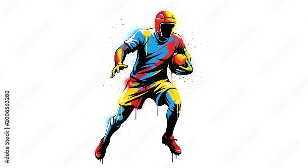 Obraz premium Dynamic colorful digital art featuring a rugby athlete in motion running across a white backdrop with paint splatters