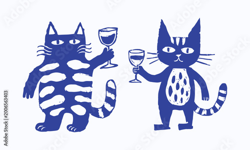 Two Funny Cats Holding Wine Glasses Linocut Folk Art