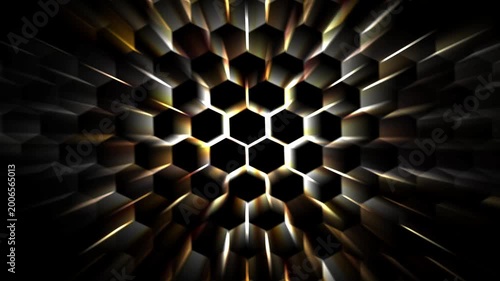 golden spreading hexagon pattern with light burst, 3d honeycomb shape, illuminated geometry animation background for pharmacy, chemistry and collective consciousness