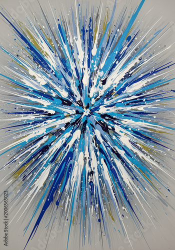 Abstract explosion of blue and white colors on a gray background.