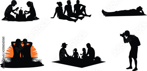 People beach summer activities vector silhouette set with sandcastle and sunset scene.