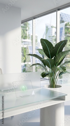 Futuristic Bio-Digital Workspace with Glowing Plants and Glass Tablet