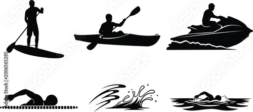 Water sports and activities vector silhouette illustration for active lifestyle.