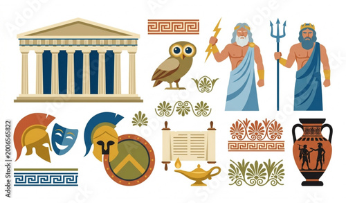 Canvastavla Ancient Greek civilization flat vector set mythology architecture and theatre is