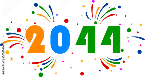 Colorful 2044 text with fireworks on white background, Happy new year 2044 celebration graphic, Multi colored year 2044 with confetti