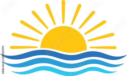 Schilderij op canvas Minimal Sun and Ocean Waves Logo with Sunrise Beach Abstract Flat Design Summer