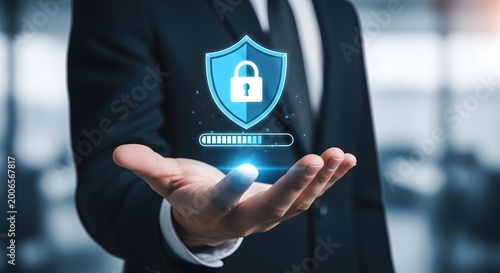 business professional holding digital security shield in 4k cinematic footage
