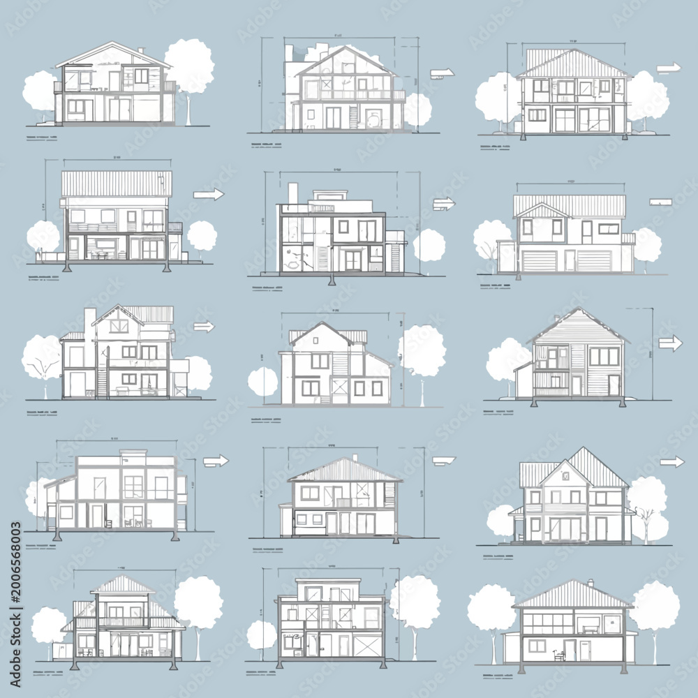 Fototapeta premium Detailed house architectural drawings collection.