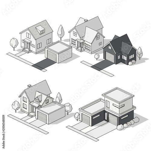 Foto Houses with garages and driveways.