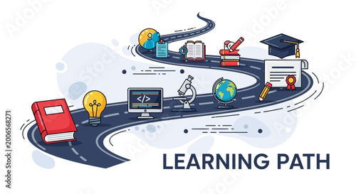 Tableau sur toile Learning Path: Education Road with Icons - Knowledge, Growth, Success, Study
