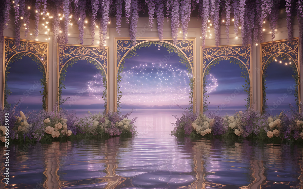 Fototapeta premium Dreamy Lavender and Gold Enchanted Garden Wedding Stage with Floral Triptych Arch, Glowing Lake Backdrop, Cascading Wisteria and Magical Fairy Light Ambiance