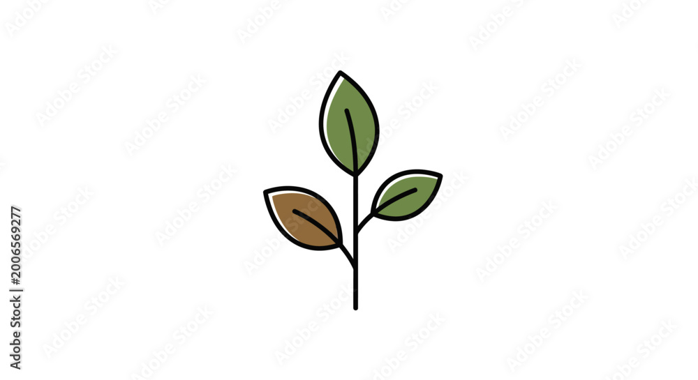 Fototapeta premium Simple plant growth concept icon with green and brown leaves on white background.