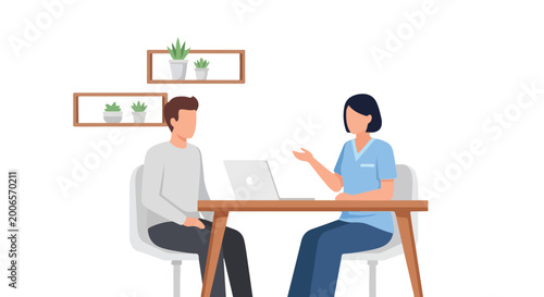 A man sitting across from a female healthcare professional at a table with a laptop, engaged in a conversation in a modern office.