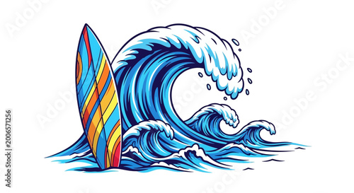Bild auf Leinwand Colorful surfboard standing upright ocean wave.