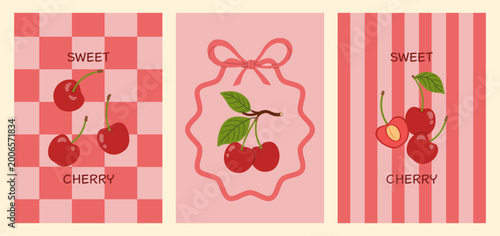 Tableau sur toile Cherry fruit posters set with leaves and stem on checker and striped background
