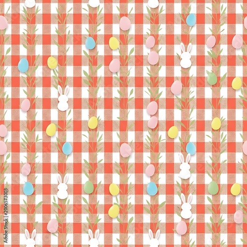 Charming Easter Pattern A Delightful Background with Bunnies and Eggs on Gingham