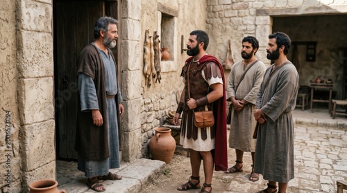 Apostle Peter talking with a Roman centurion and servants. Ancient biblical scene depicting men in historical tunics and military armor. Scripture narrative from Acts of the Apostles.