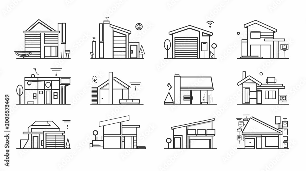 Fototapeta premium Collection of Contemporary Residential House Designs in Minimalist Line Art Style