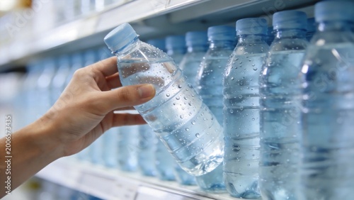 Hand picking water bottle from fridge shelf