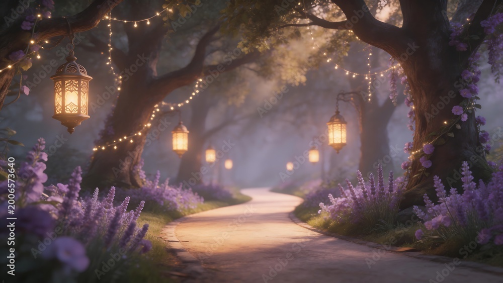 Fototapeta premium Lanternlit path with purple flowers