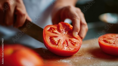 Person's hands holding a knife and slicing a tomato on a wooden cutting board. the person is using the knife to slice the tomato into thin slices.