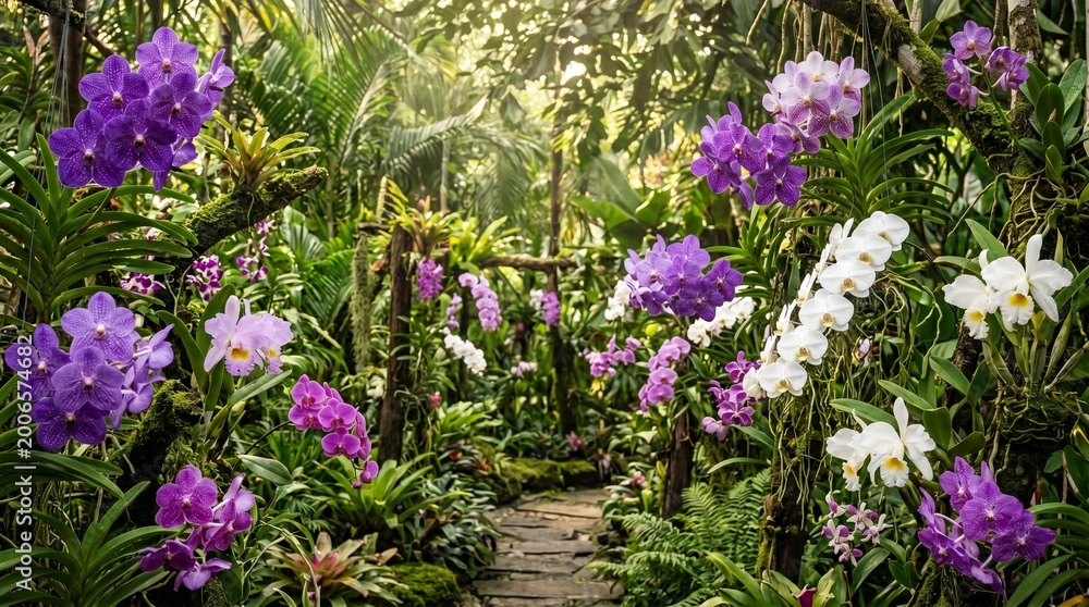 Obraz premium A tropical summer garden filled with exotic orchids in purple and white